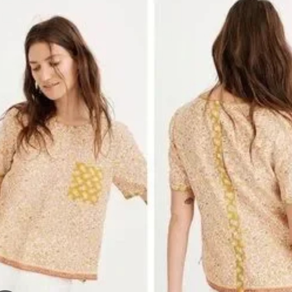 Madewell Beige Floral Short-Sleeve Tee with Mustard Trim